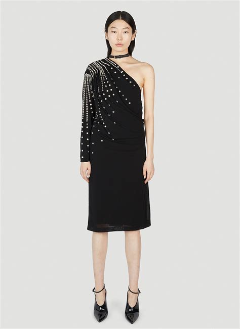 gucci one shoulder metallic black dress